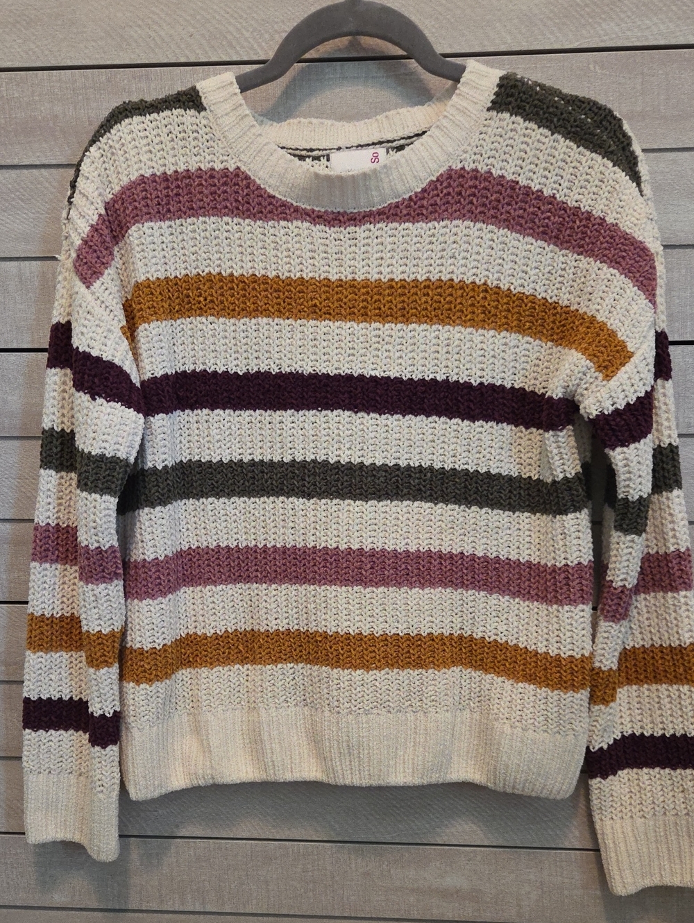 SO Striped Crewneck Sweater in Cream, Pink, Mustard & Olive Womens Size Small